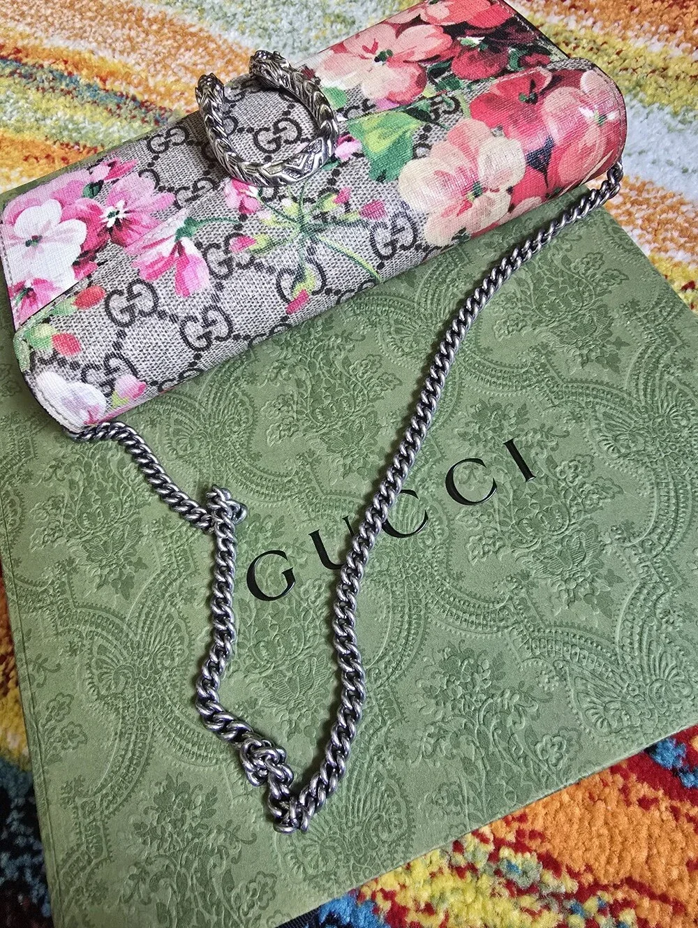 Authentic Gucci Floral Print Chain Wallet in Pink and Green